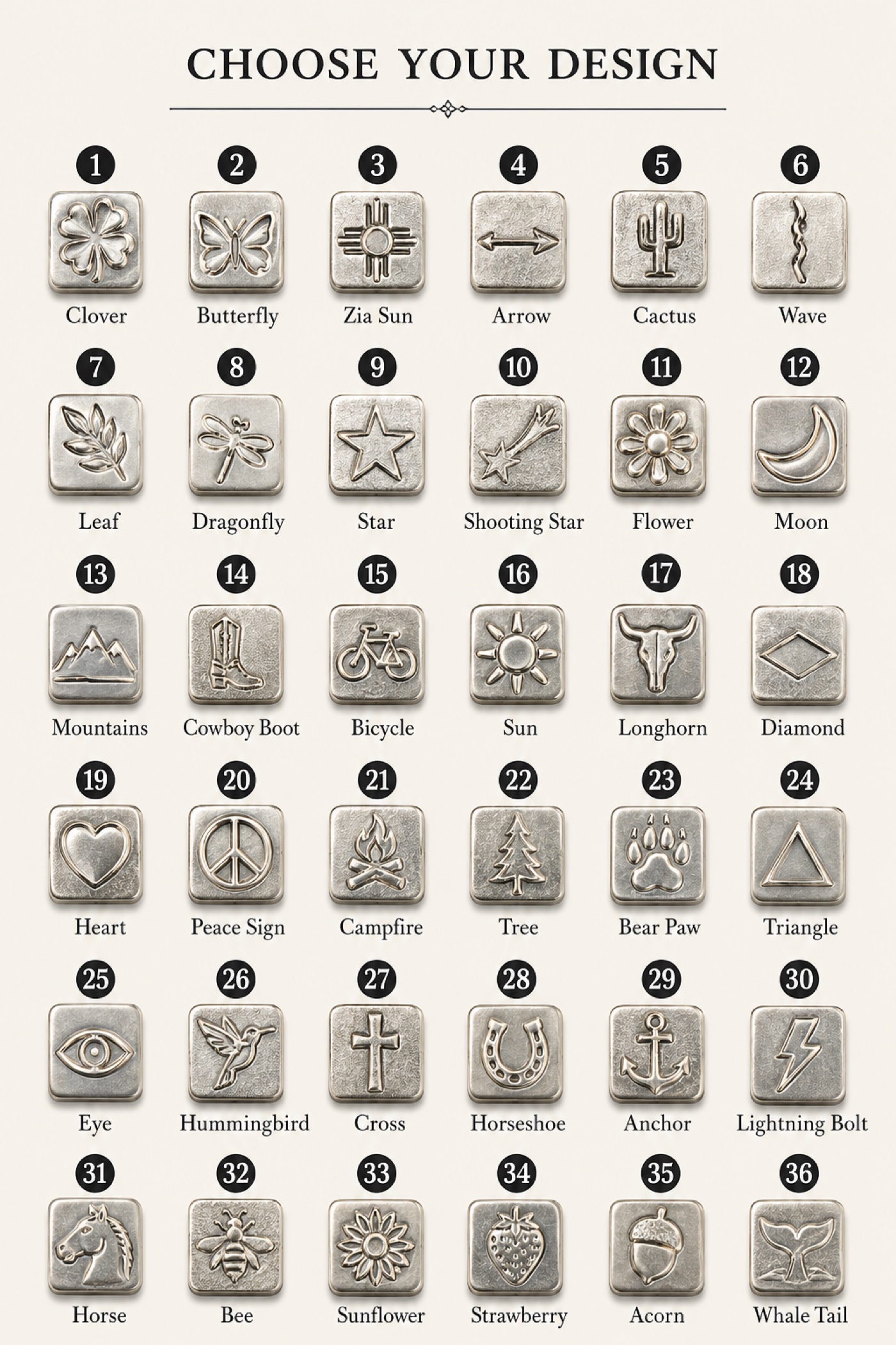 Stamp design chart with 36 numbered options